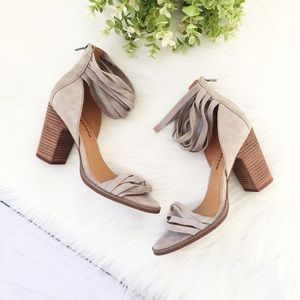Lucky Brand Gray Suede Ankle Strap Thick Heels SZ8, fits like a 7/7.5